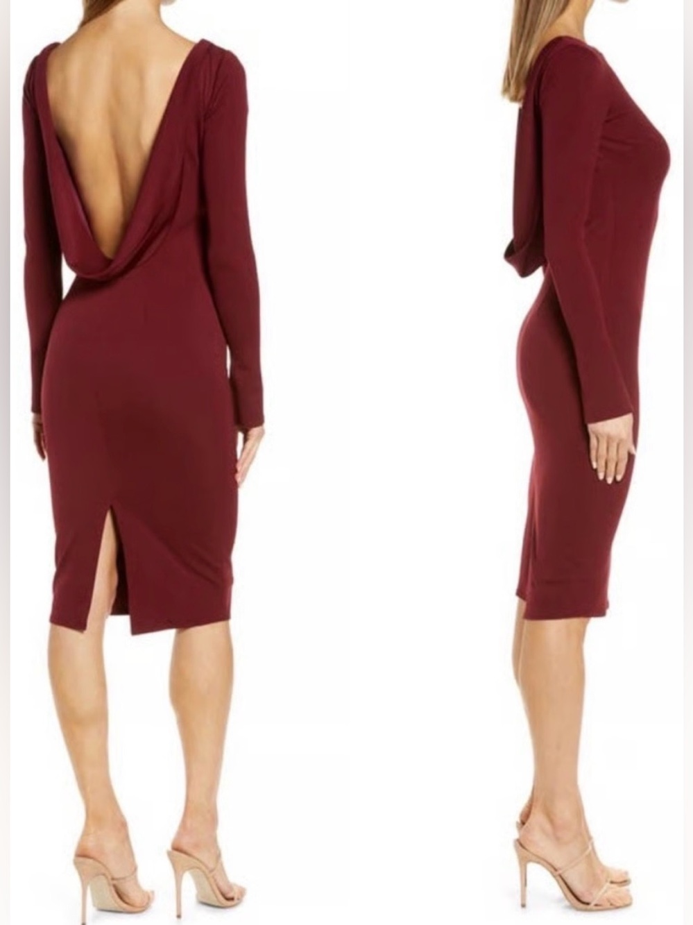 Katie May Surrender Cowl Back Long Sleeve Midi Dress Burgundy Sz Small NEW